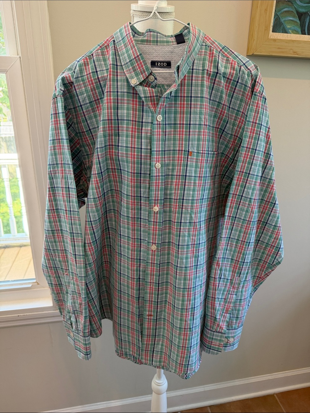 Izod Men's Green and Pink Plaid Button-Down Shirt